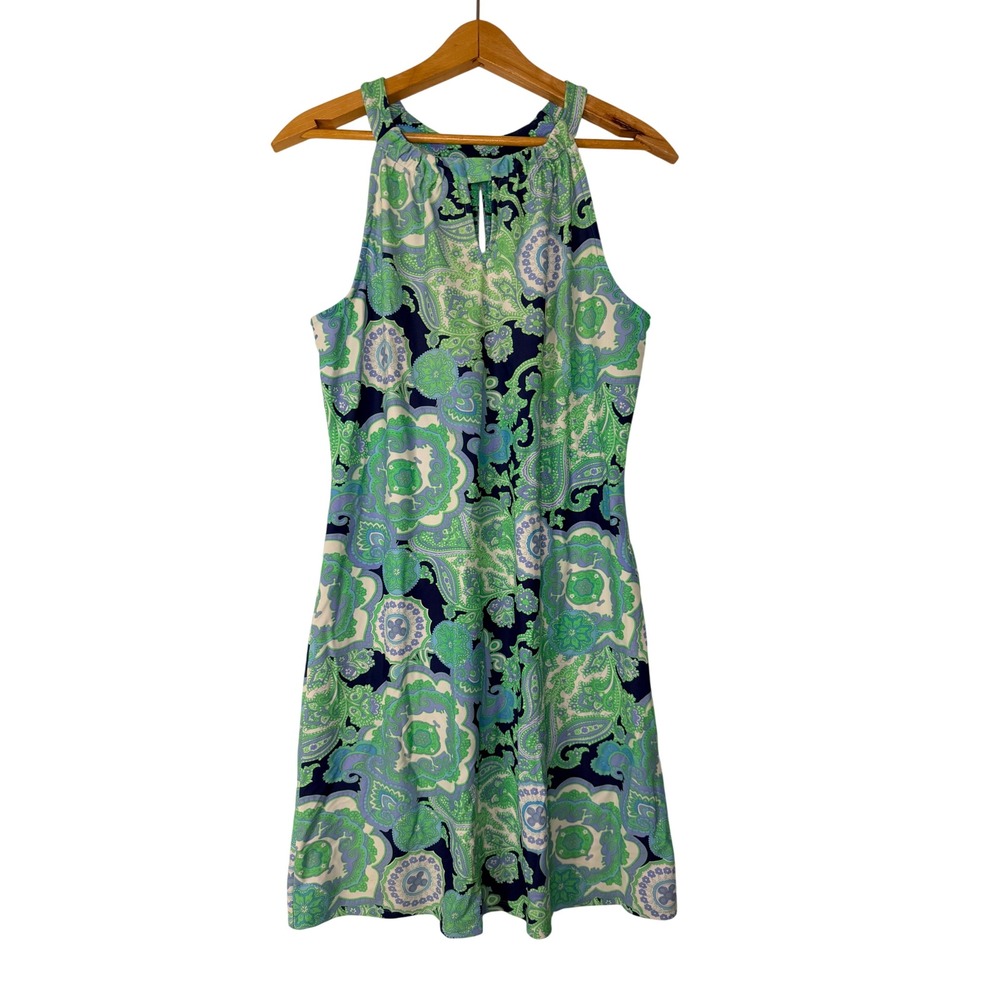 Jude Connally Paisley Halter Neck Sleeveless Shift Dress Green Blue Mini Medium